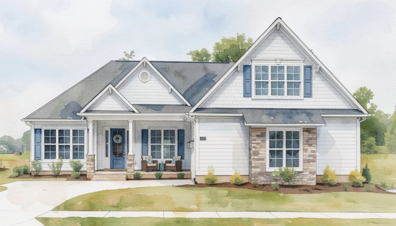 Charming white house with blue shutters, stone accents, and covered porch, showcasing innovative home builder design amidst a green landscape.