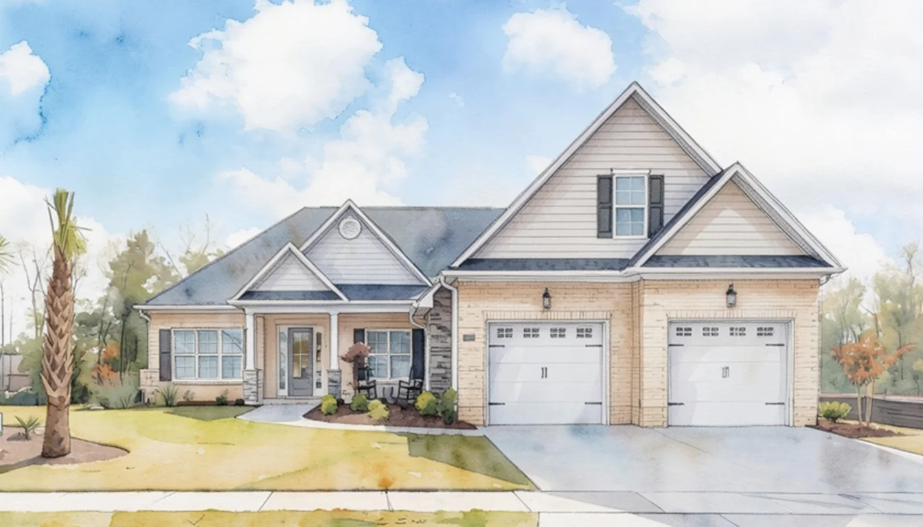 Modern single-story home with two-car garage, brick facade, and landscaped yard, showcasing home builder craftsmanship under a blue sky.