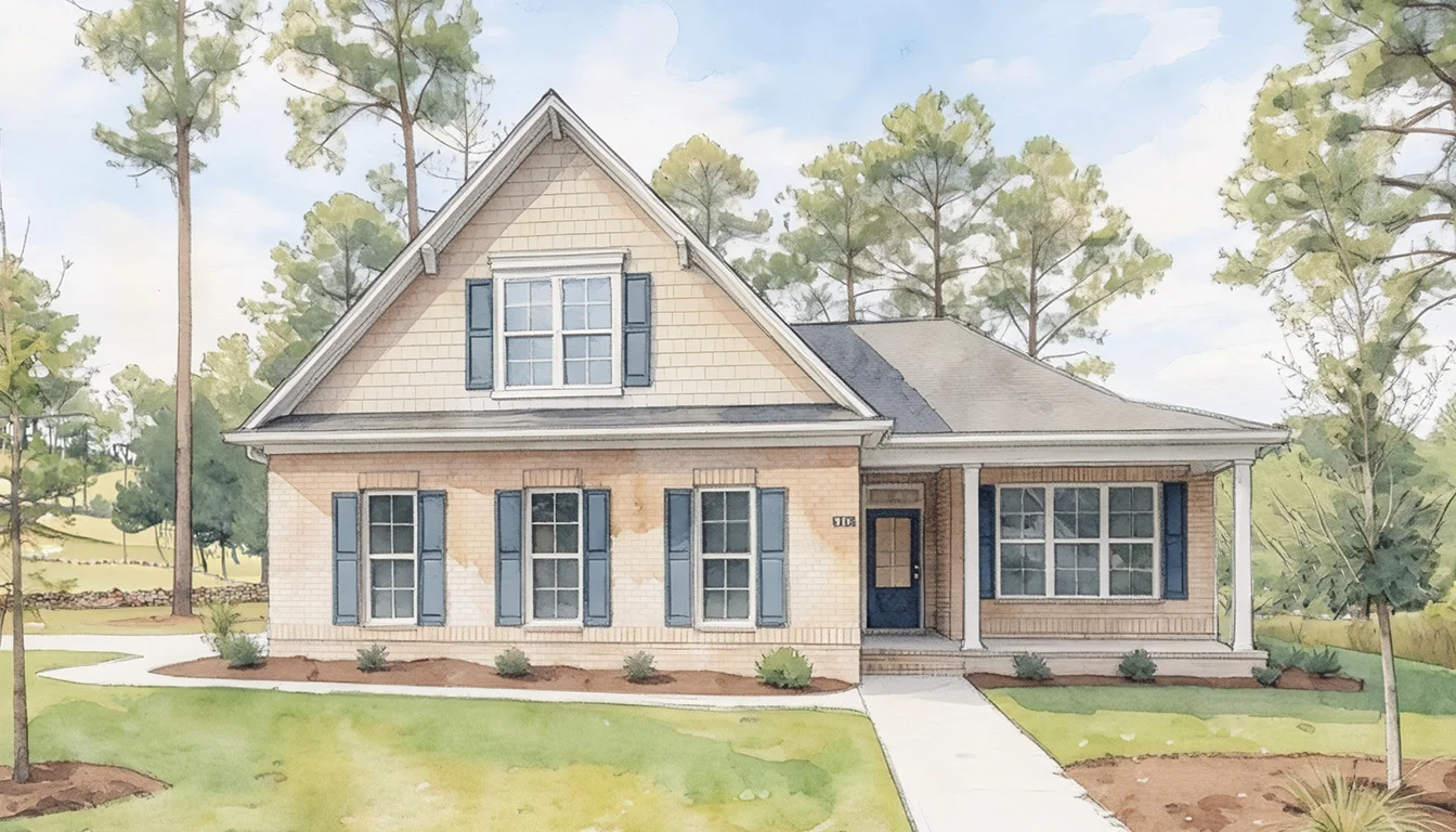 Charming suburban home with brick façade, blue shutters, and gabled roof, surrounded by trees. Ideal work of a skilled home builder.