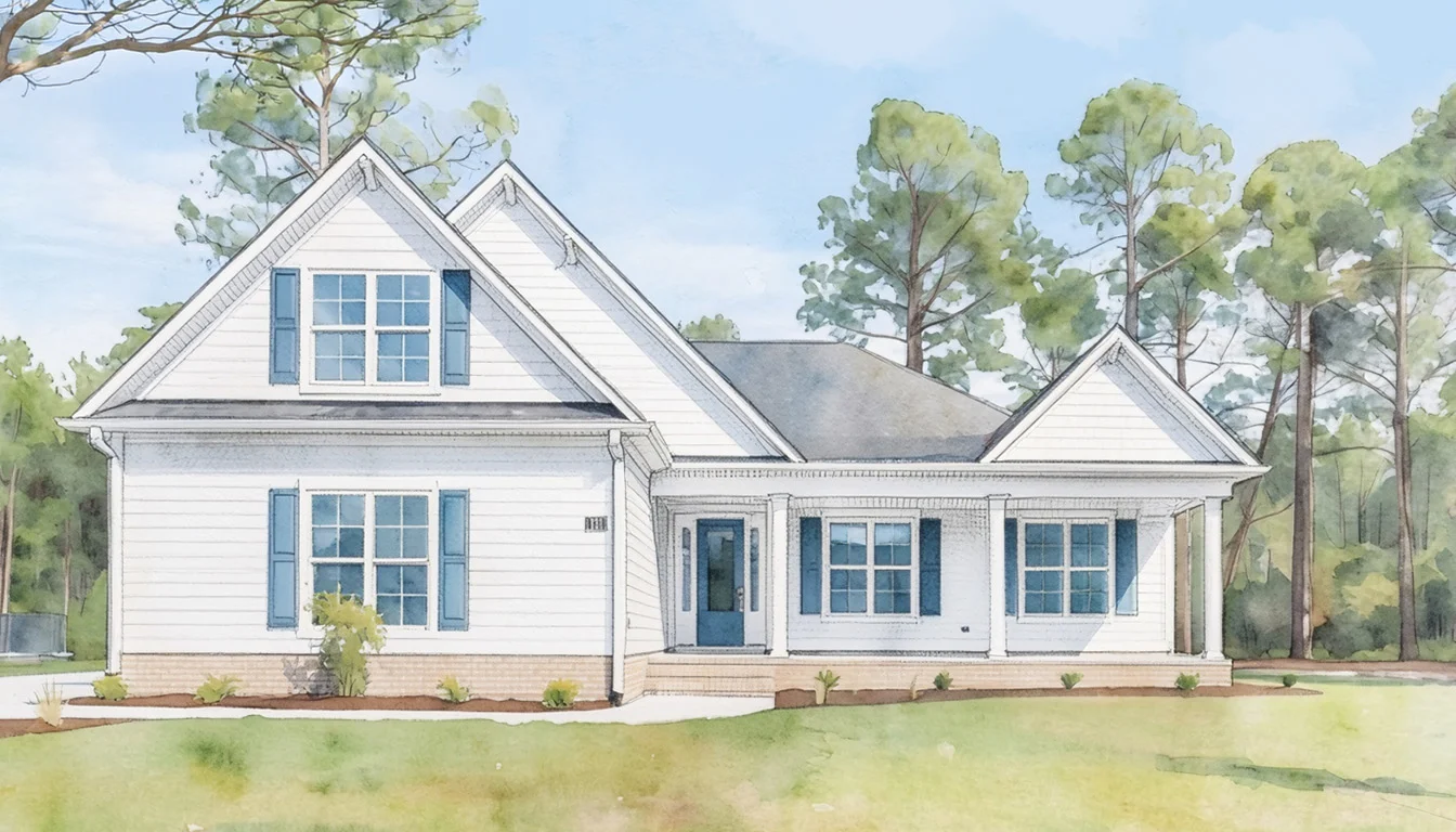 Charming white house with blue shutters, set amidst pine trees. Ideal for a home builder focused on creating spacious, serene residences.