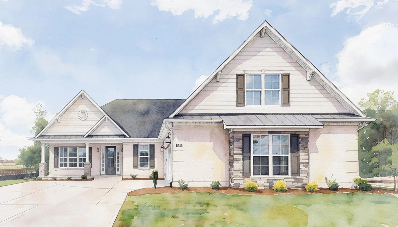 A modern ranch-style home with gabled roof, large windows, stone accents, and a welcoming front porch, showcasing a home builder's design.