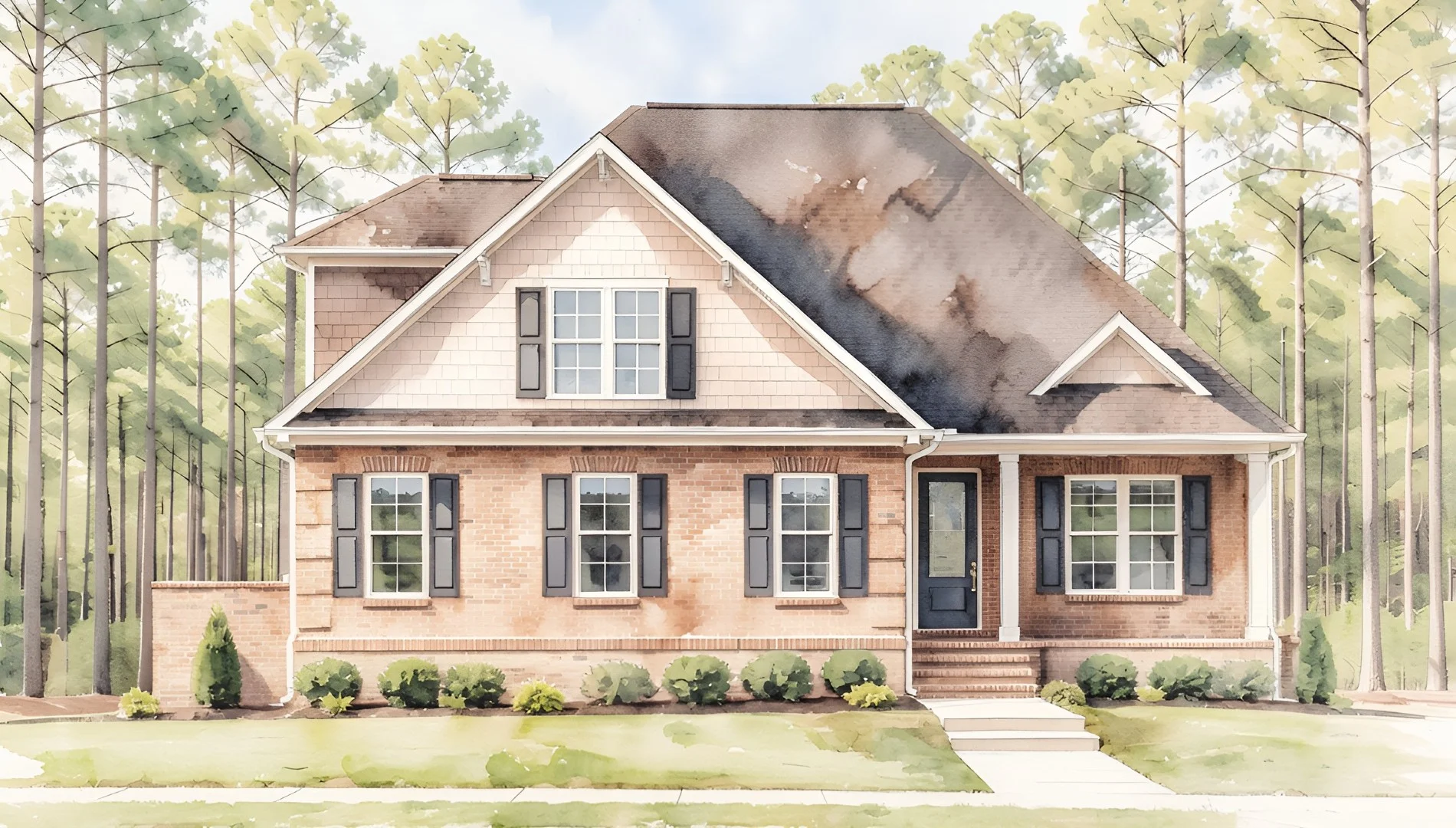 Charming brick home with dormers, black shutters, and a spacious front lawn, surrounded by tall pine trees. Ideal for home builder inspiration.