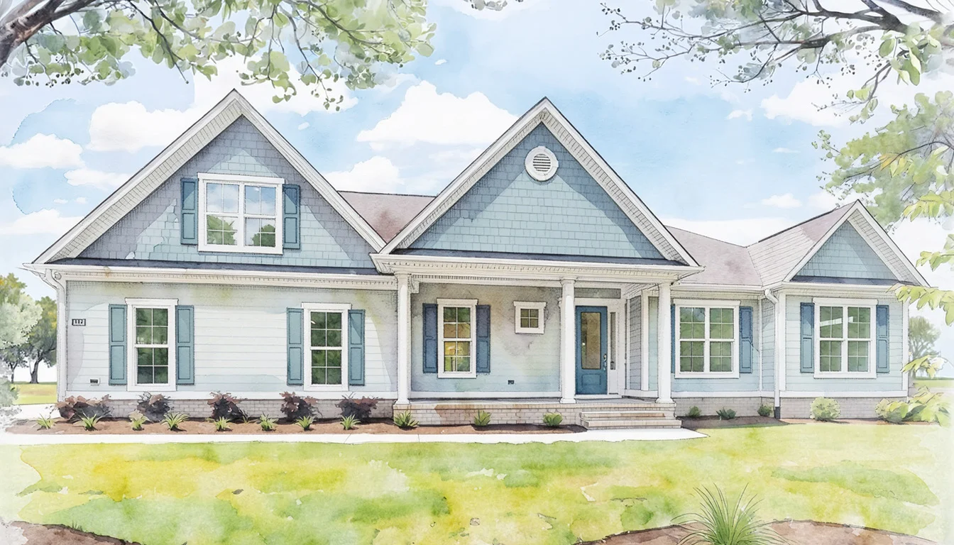 Charming blue house with gabled roof, porch, and manicured lawn, showcasing home builder craftsmanship.