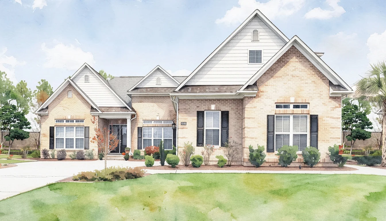 Elegant brick house with gable roofs, lush front garden, and scenic sky. Ideal work of a home builder.
