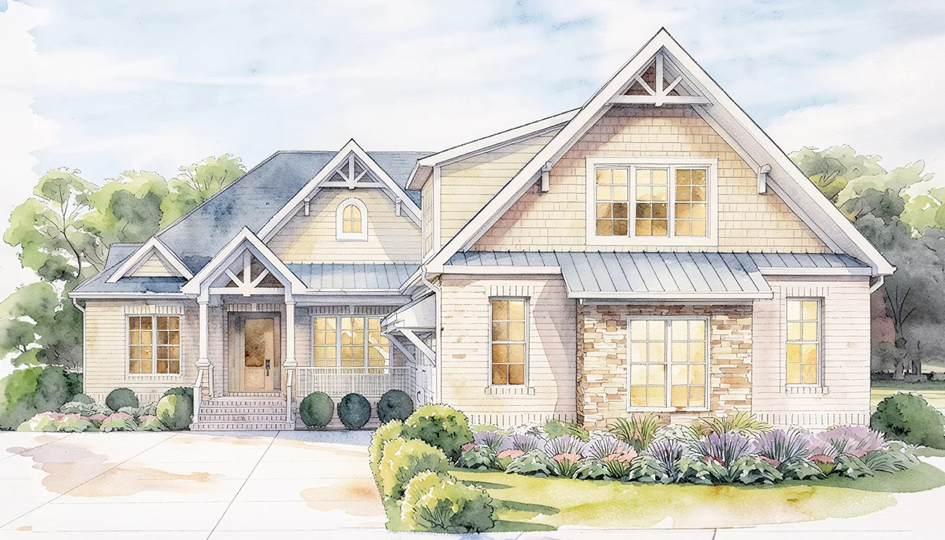 Charming cottage-style home with gabled roof, large windows, and manicured landscaping, showcasing home builder artistry.