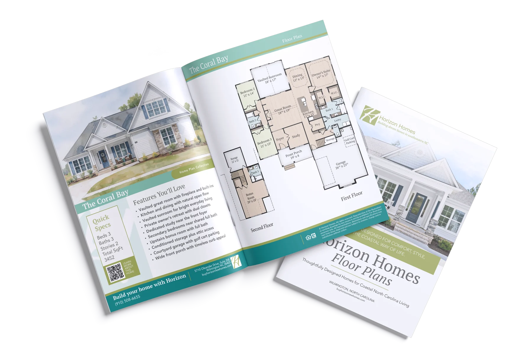 Open brochure featuring Coral Bay home builder floor plans, specs, and features, beside Horizon Homes booklet.