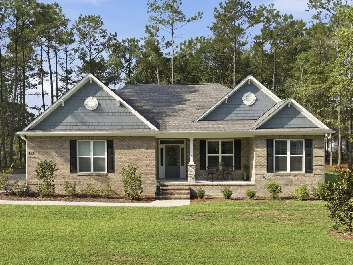 Single-story brick house with a gabled roof, set in a green lawn with trees in the background, showcasing the home builder's craftsmanship.